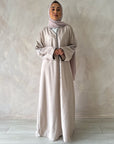 Beige Linen Abaya with Black Piping Detail