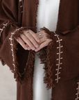 Brown Linen Look Frayed Sleeve Open Abaya