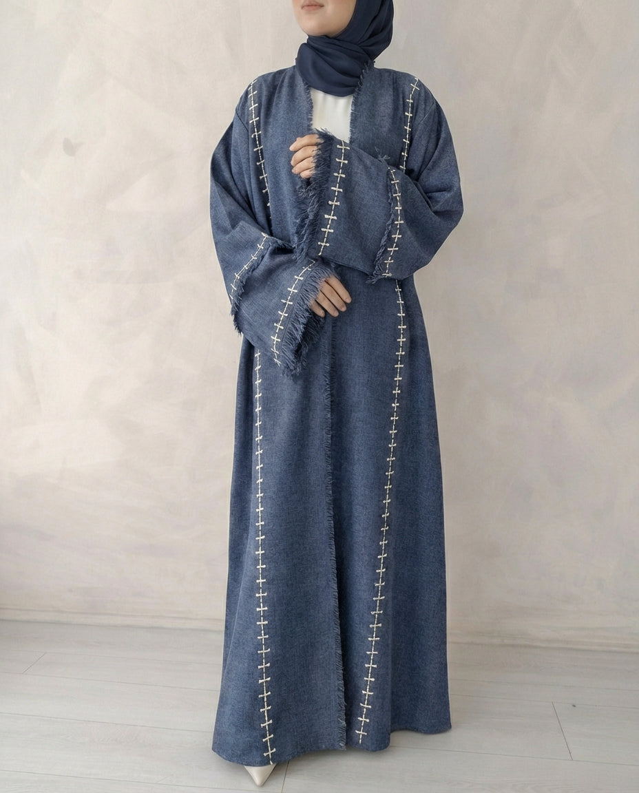 Denim Linen Look Frayed Sleeve Open Abaya – Anaqa Inspired