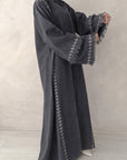 Grey Linen Look Frayed Sleeve Open Abaya