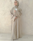 Oatmeal Linen Look Blend Frayed Sleeve Open Abaya
