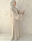 Oatmeal Linen Look Blend Frayed Sleeve Open Abaya