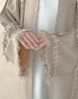 Oatmeal Linen Look Blend Frayed Sleeve Open Abaya