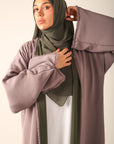 Reverse beige side of abaya front view closeup