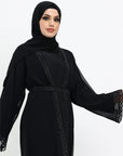 Black Diamante Lace Closed Abaya
