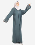 Forest green open abaya with detailed embellishments front view