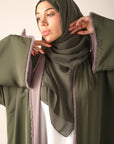 Green reversible abaya front view closeup