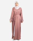 Rose gold open abaya with detailed embellishments front view