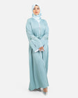 Sage green embellished abaya with split cuffs front view