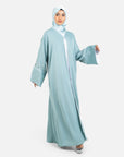 Sage green embellished abaya with split cuffs front view