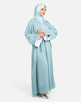 Sage green embellished abaya with split cuffs side view