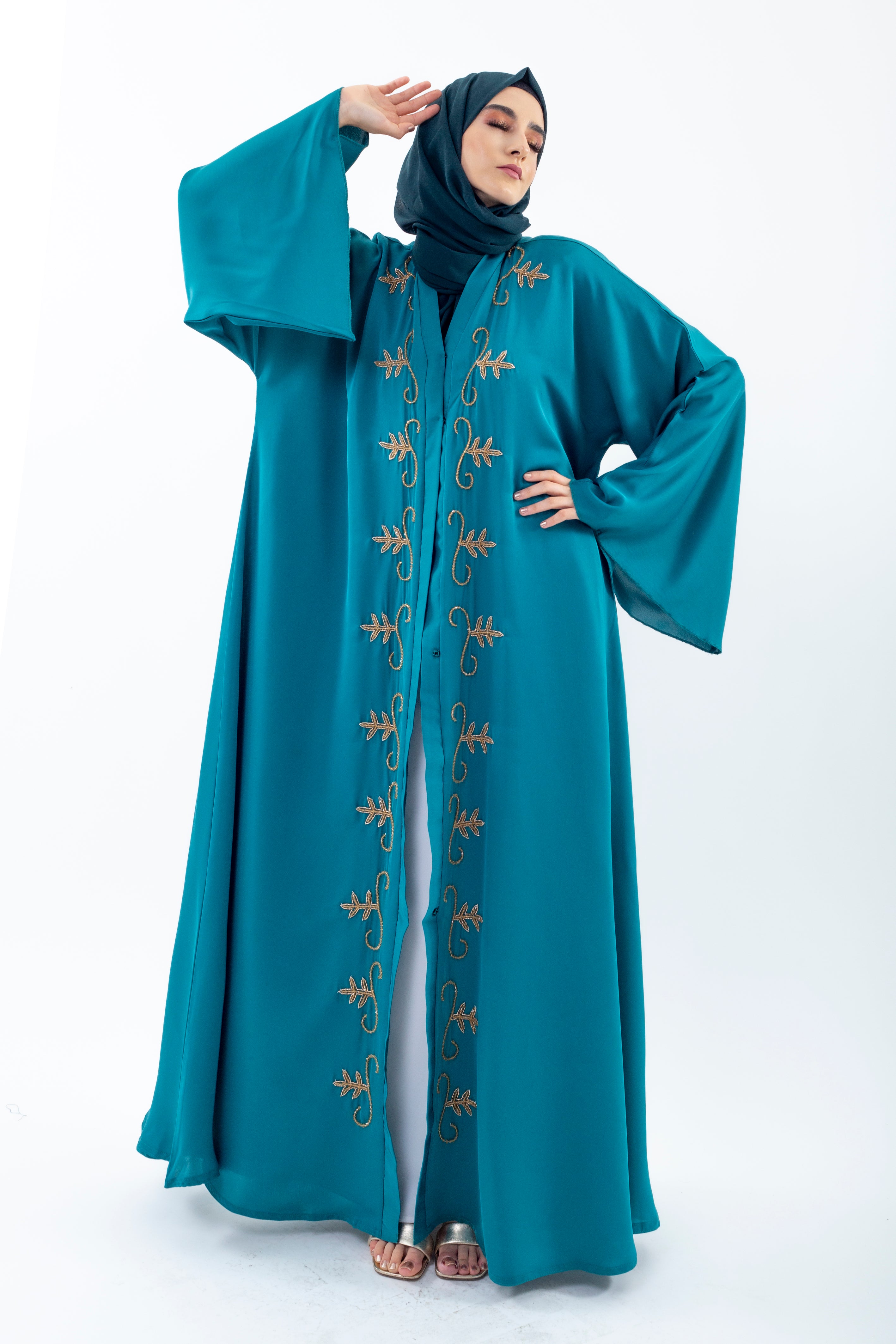 Teal Green Open Abaya With Gold Embellishment Lapel