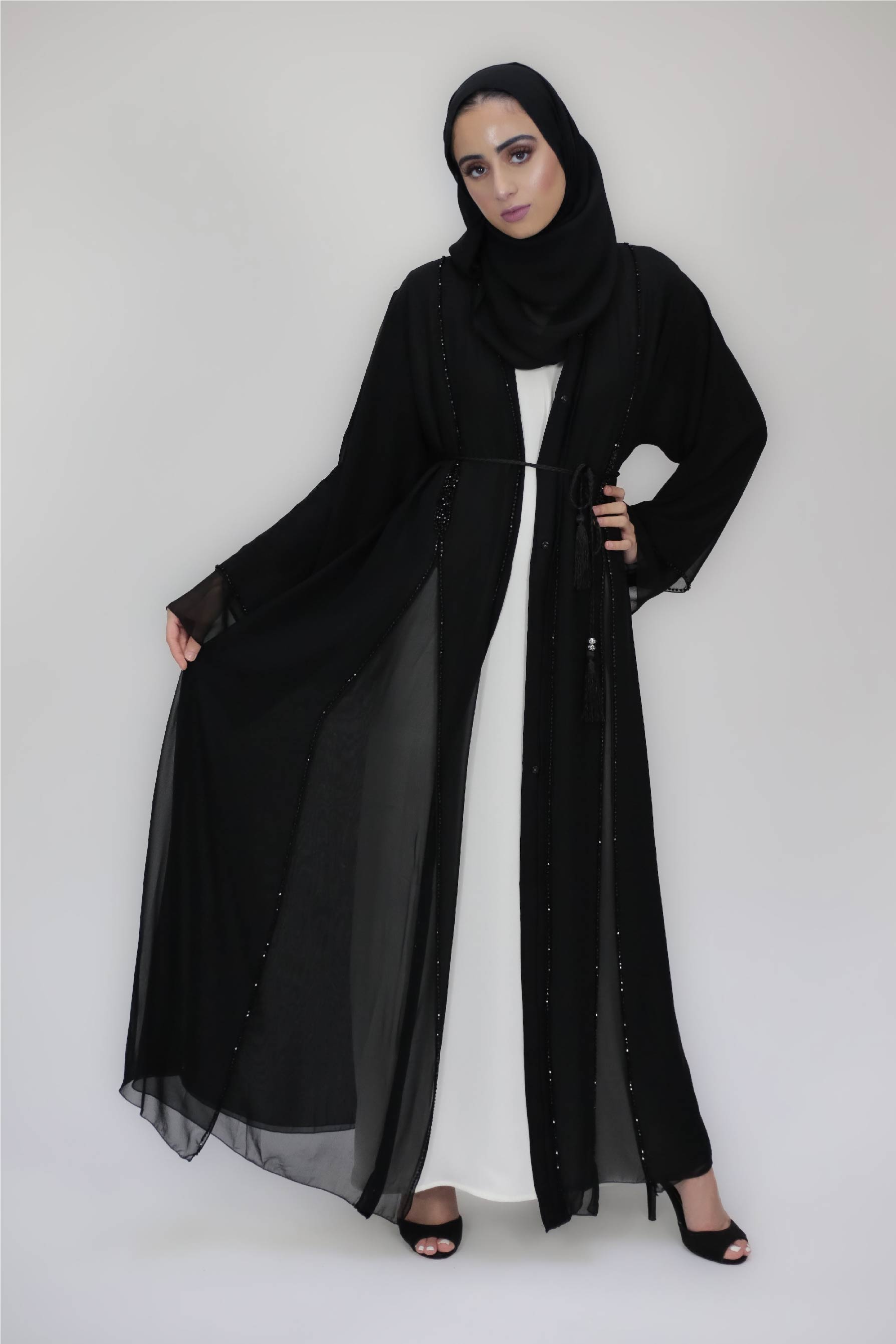 Midnight Black Chiffon Layered Abaya