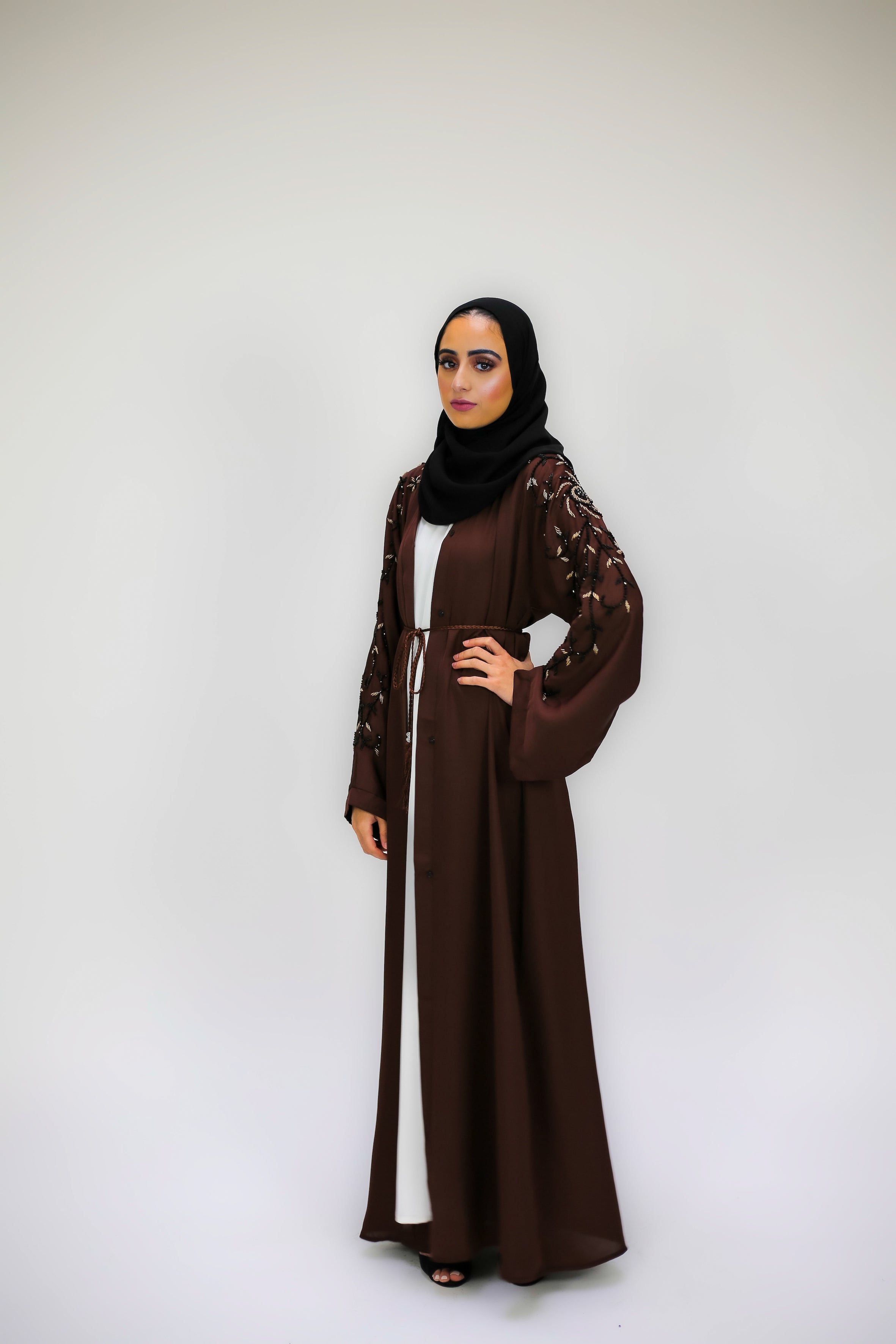 Brown Open Abaya With Contrasting Embellishment