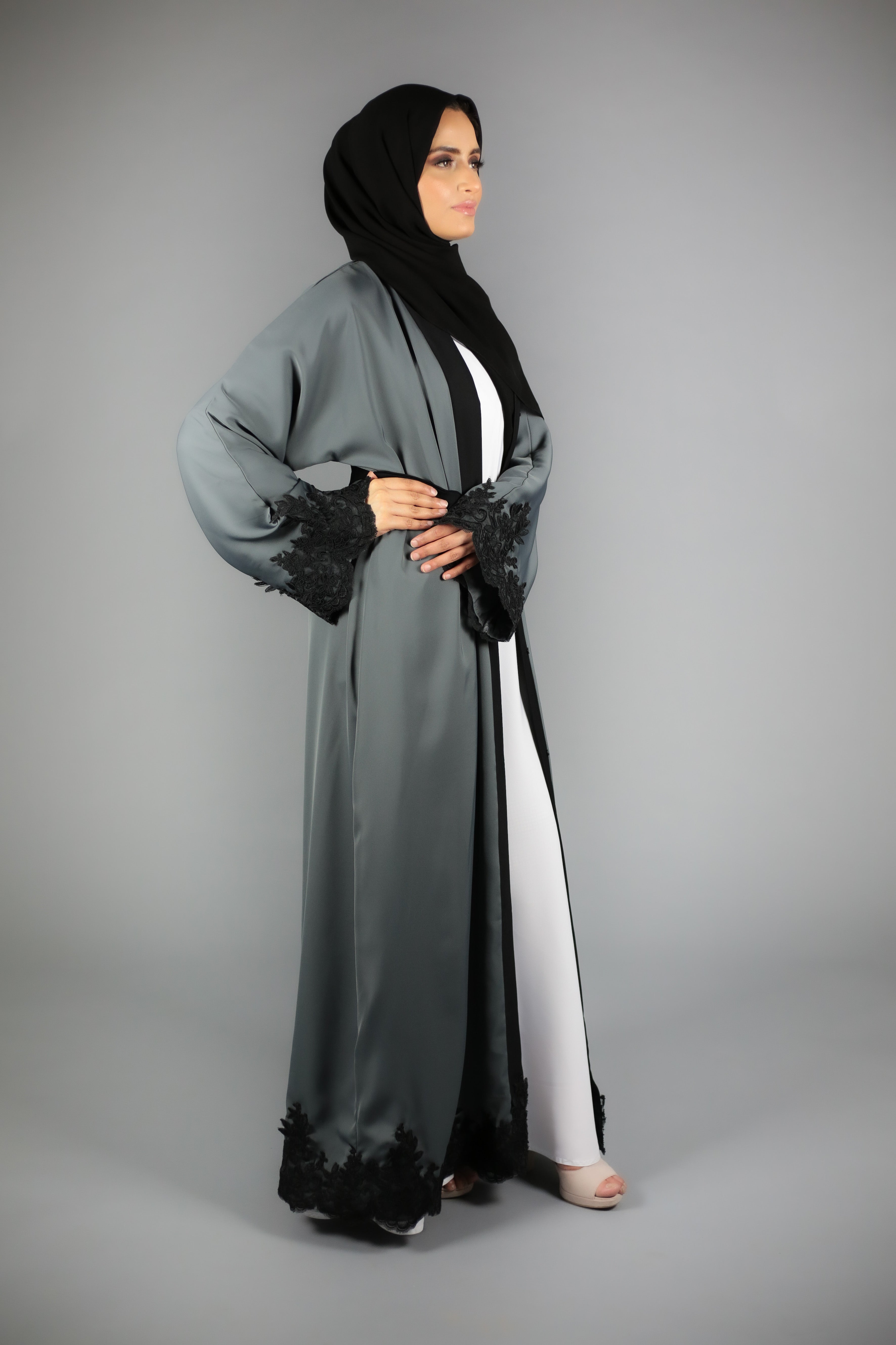 Charcoal Grey Open Abaya With Black Lace