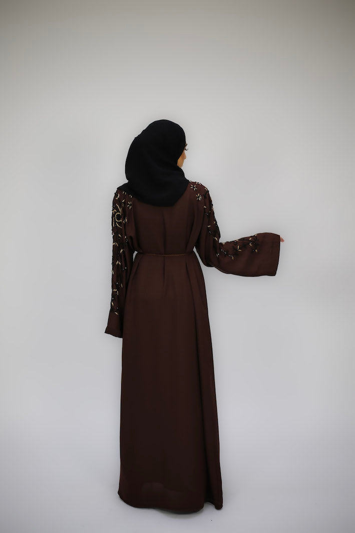 Brown Open Abaya With Contrasting Embellishment