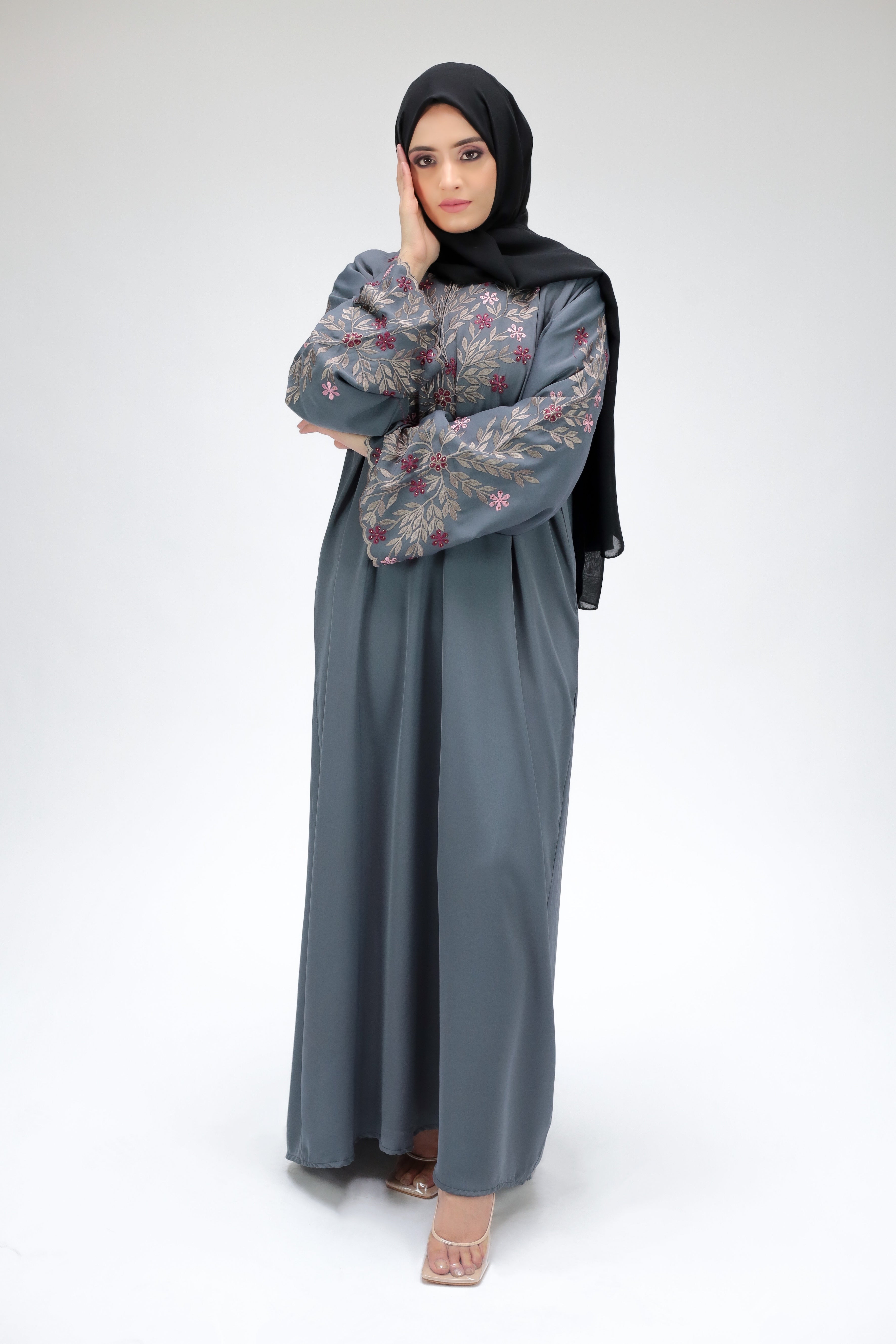 Volcanic Ash Grey Abaya With Exquisite Floral Embroidery