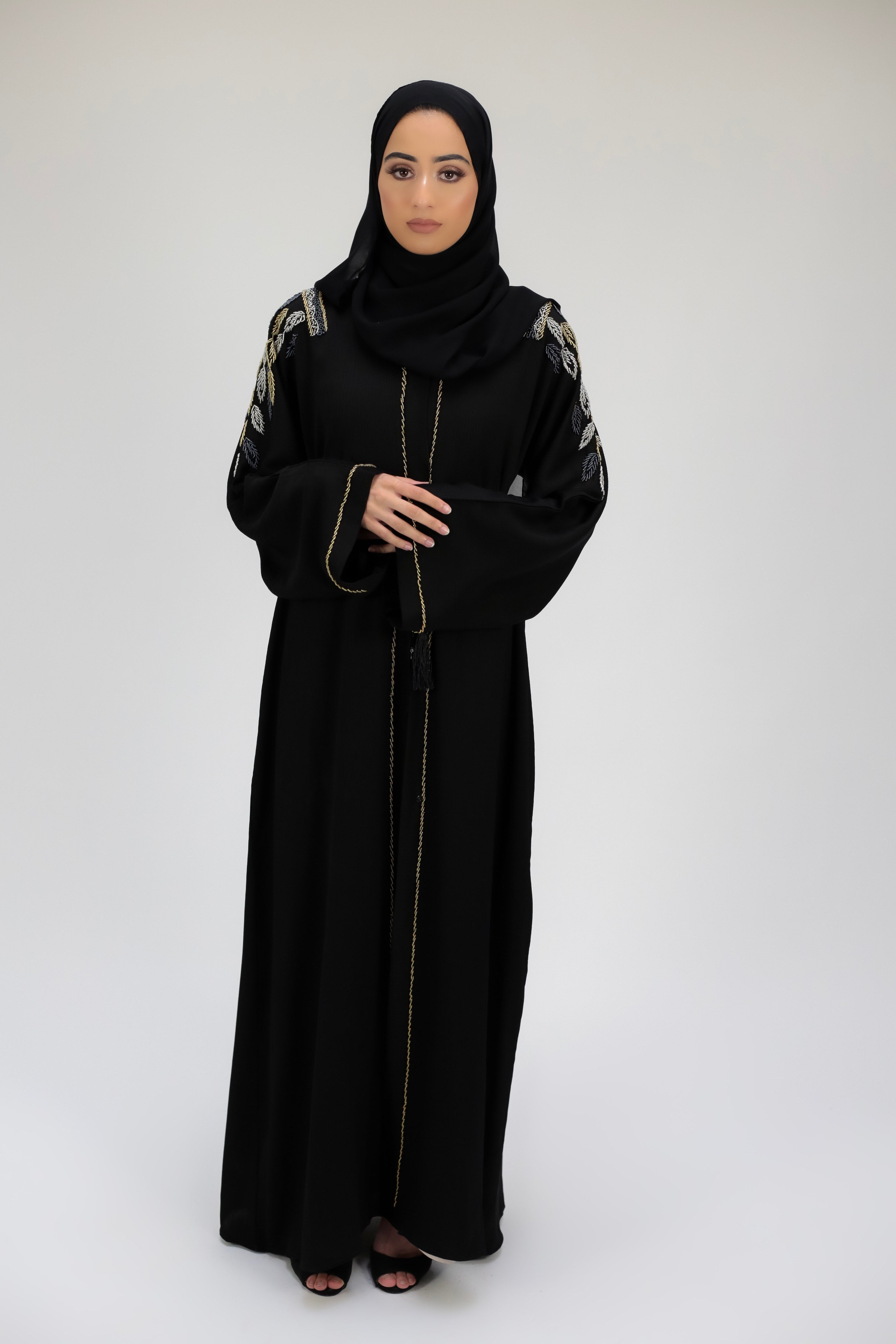 Classy Shoulder Embellished Black Open Abaya