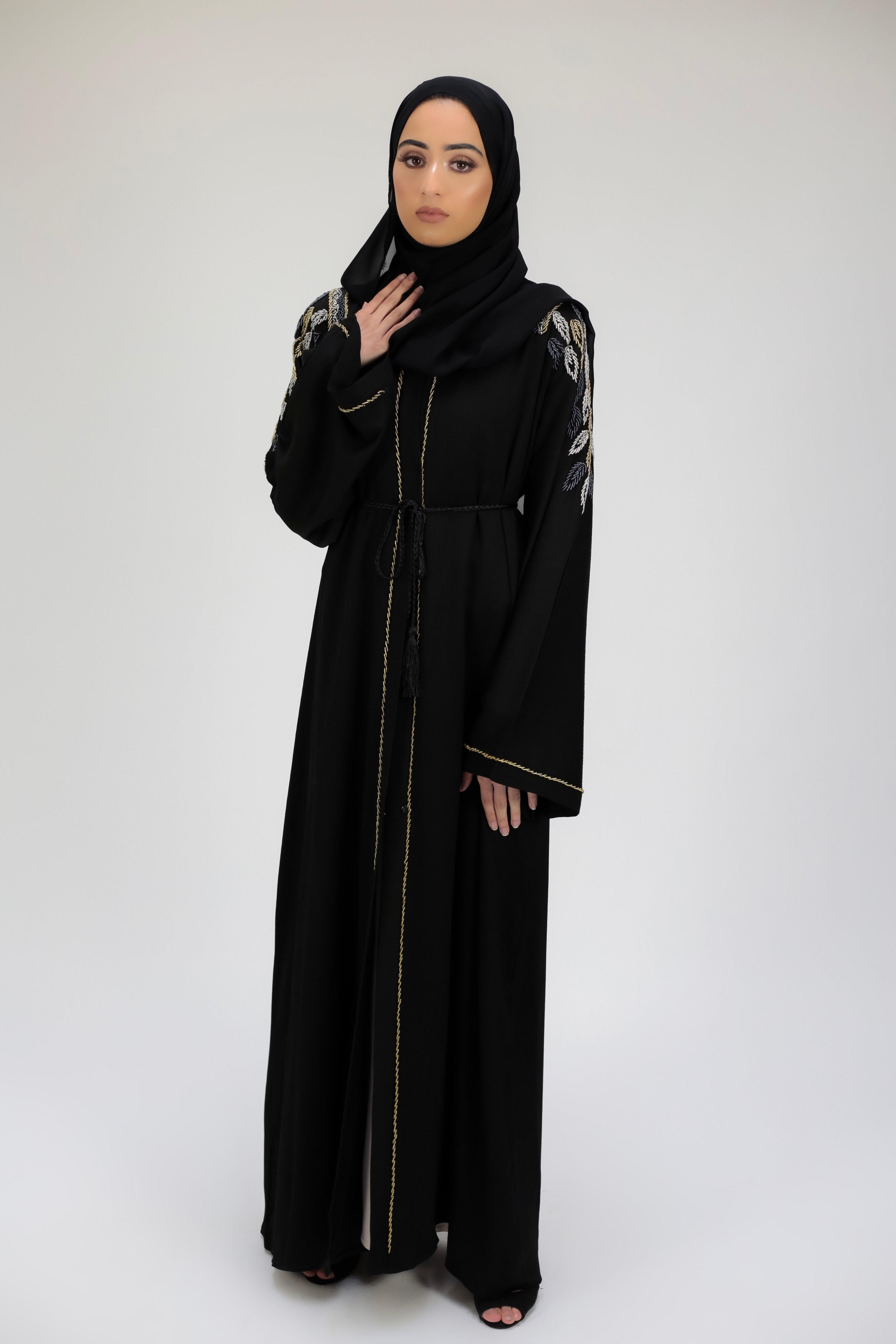 Classy Shoulder Embellished Black Open Abaya