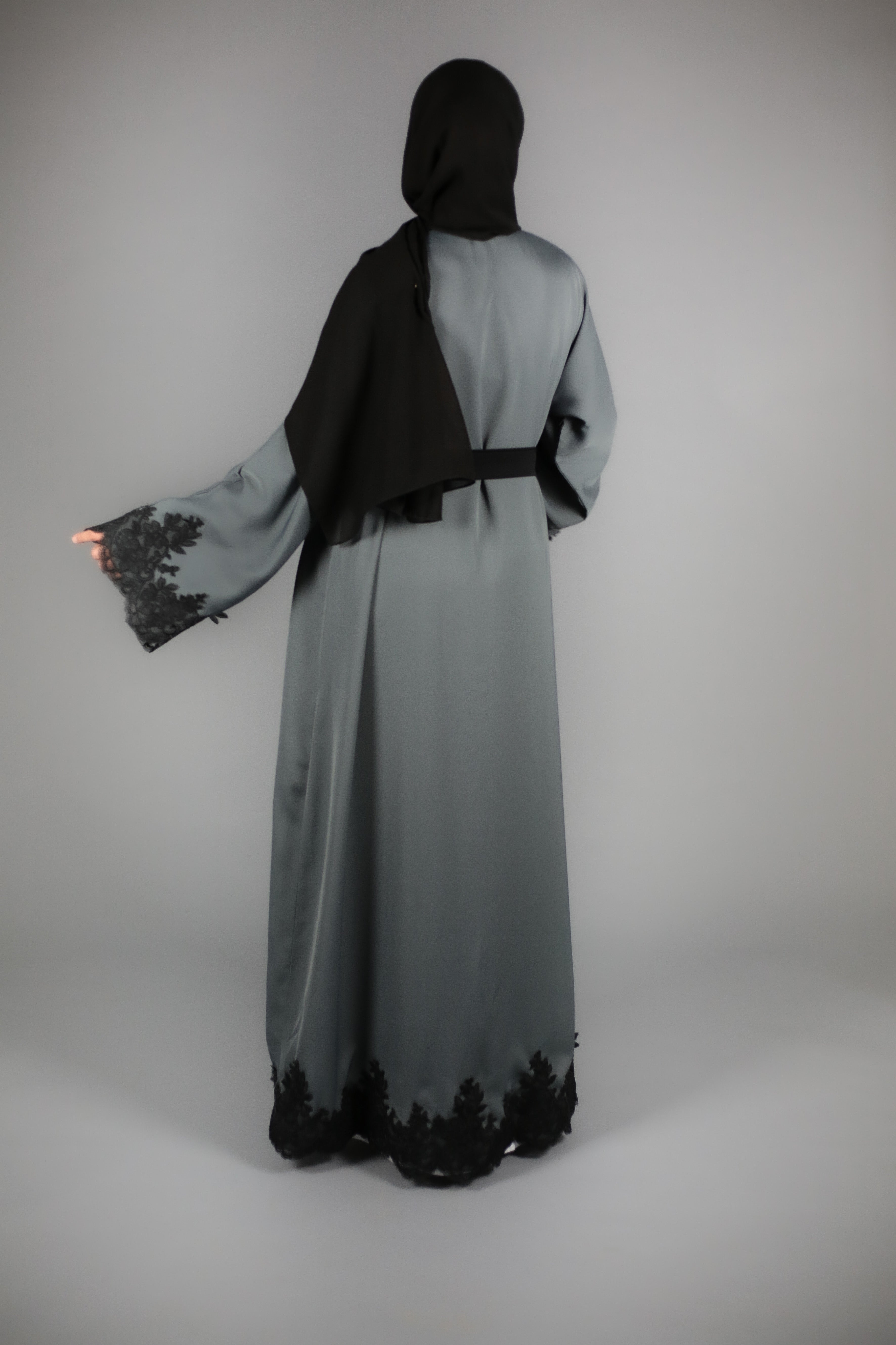 Charcoal Grey Open Abaya With Black Lace