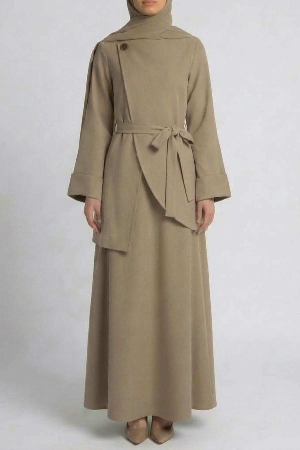 Asymmetric Modest Jacket &amp; Skirt Co-ord - Taupe