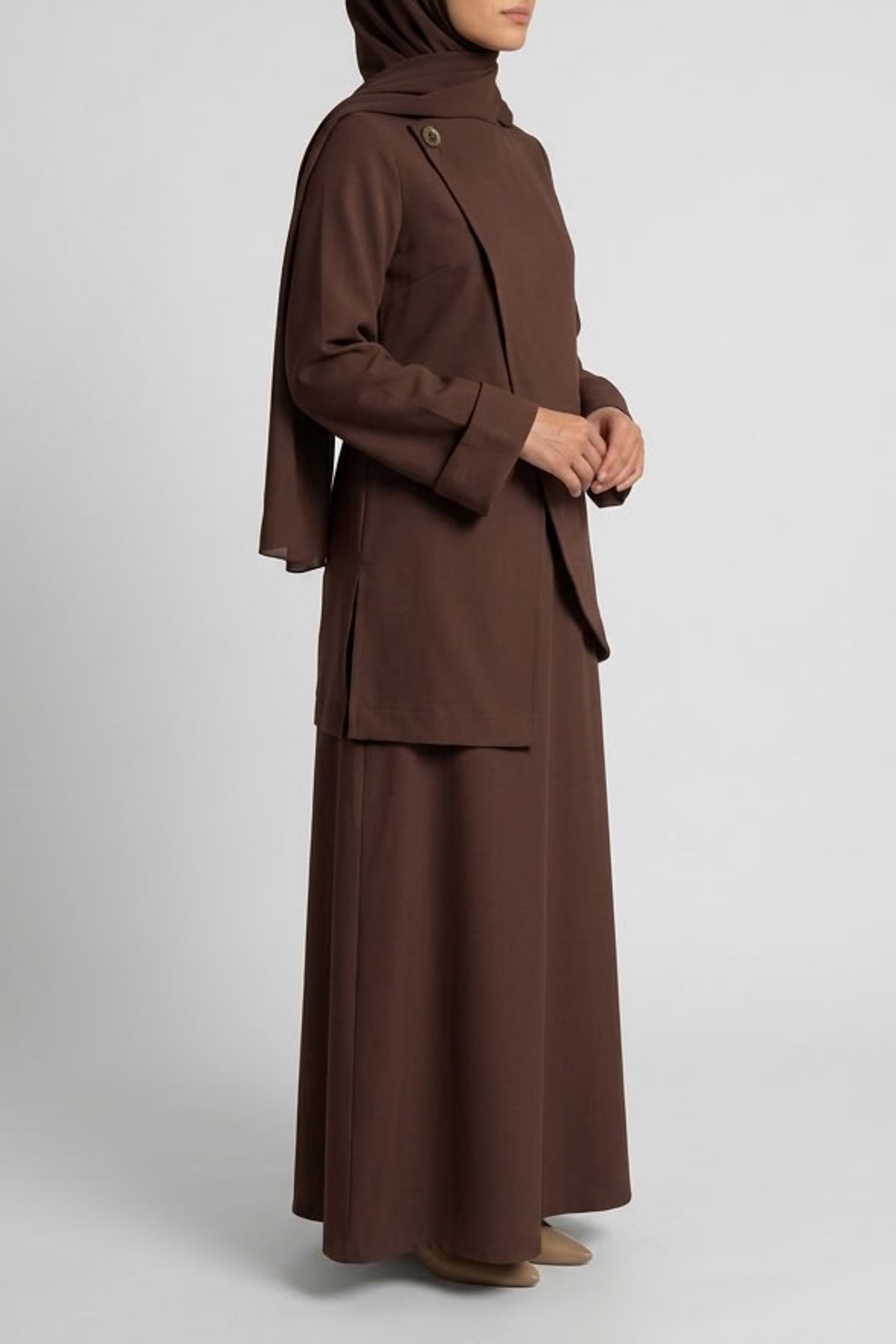 Asymmetric Modest Jacket &amp; Skirt Co-ord - Chocolate Brown
