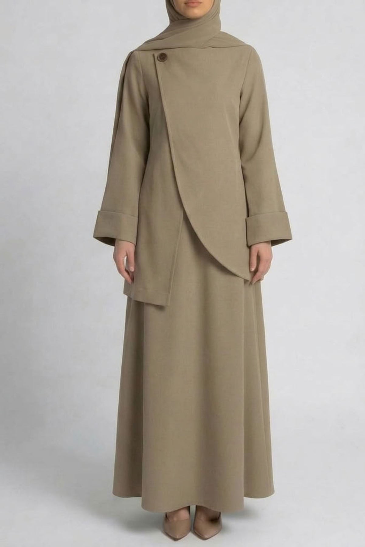 Asymmetric Modest Jacket &amp; Skirt Co-ord - Taupe