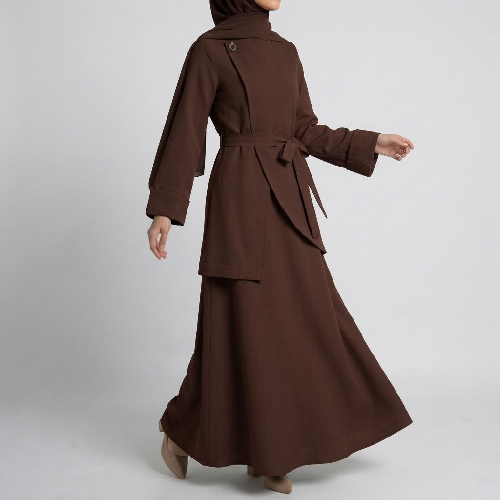 Asymmetric Modest Jacket &amp; Skirt Co-ord - Chocolate Brown