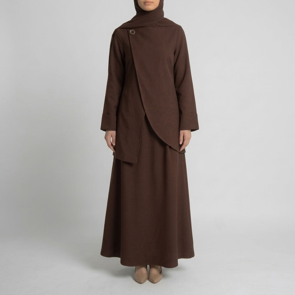 Asymmetric Modest Jacket &amp; Skirt Co-ord - Chocolate Brown