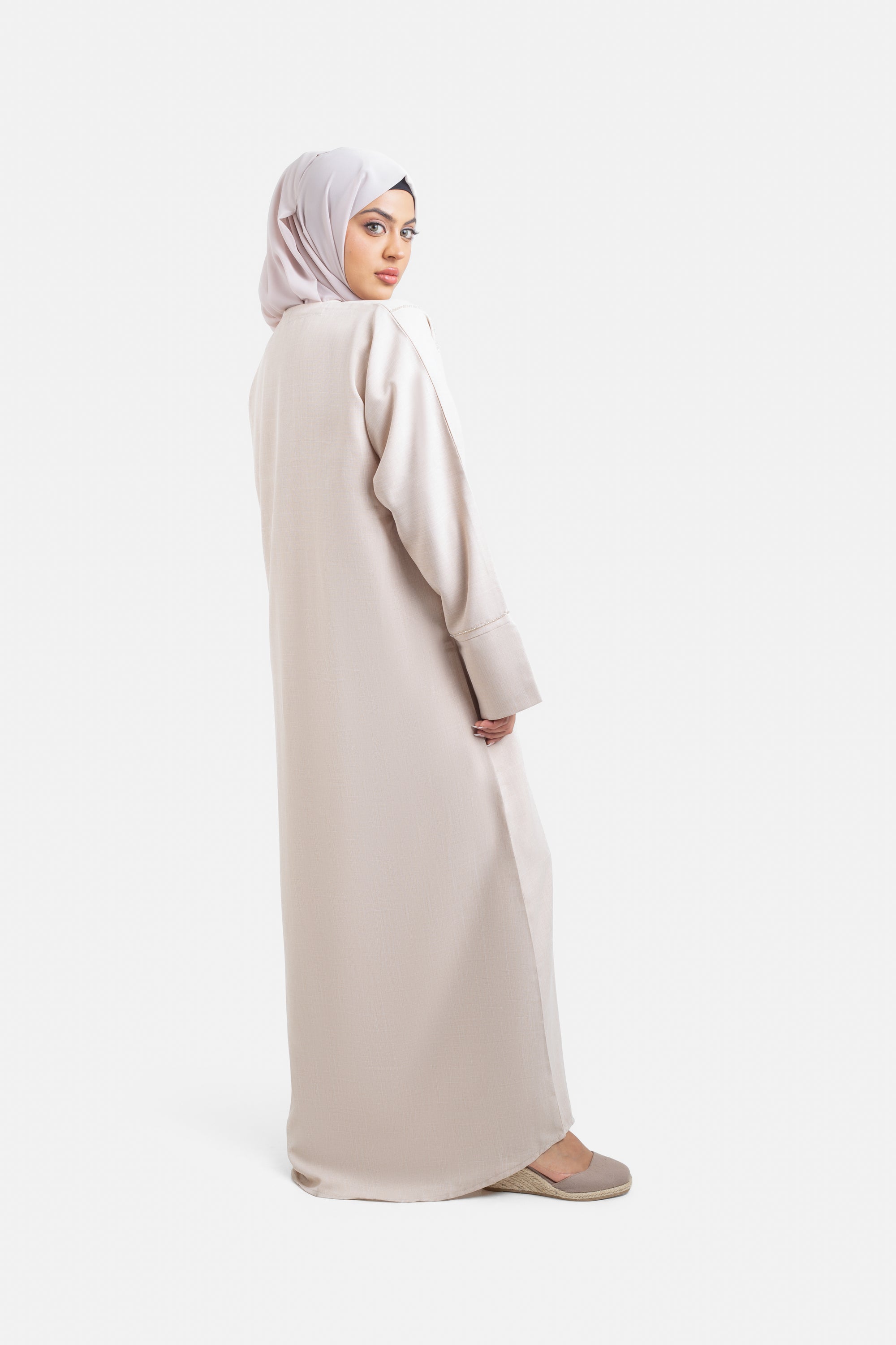 Nude Linen Blend Embellished Abaya