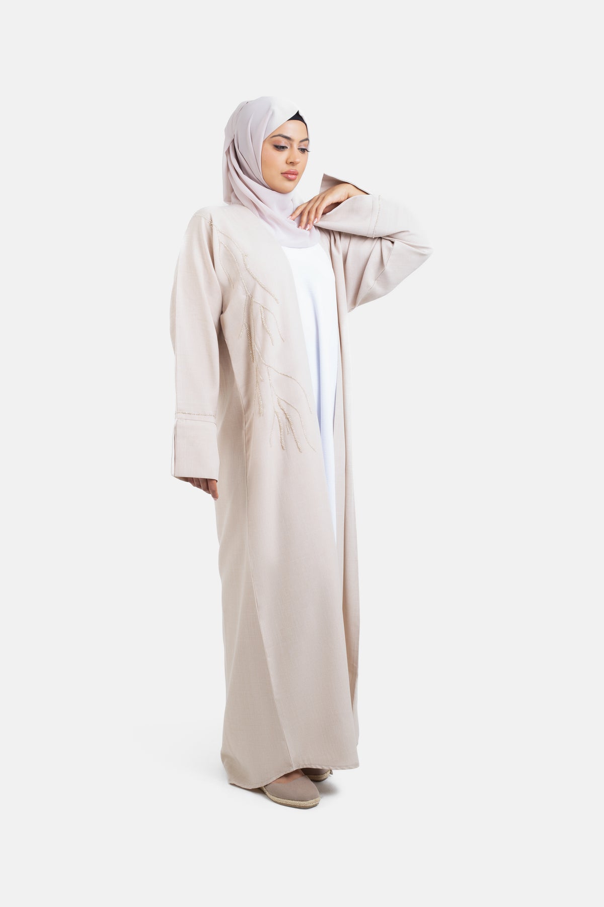 Nude Linen Blend Embellished Abaya