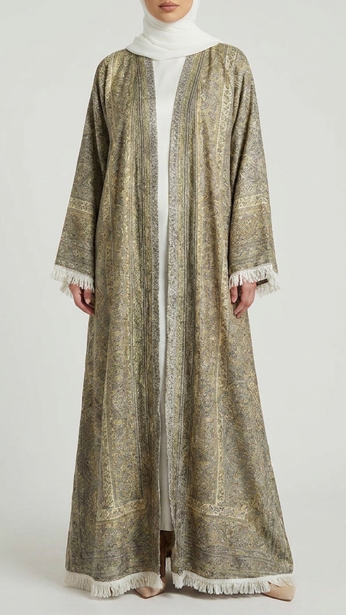 Antique Gold Pashmina Frayed Open Abaya