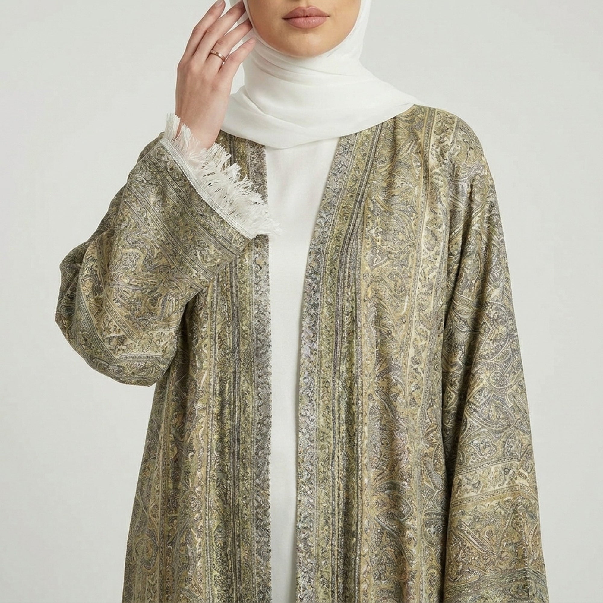 Antique Gold Pashmina Frayed Open Abaya