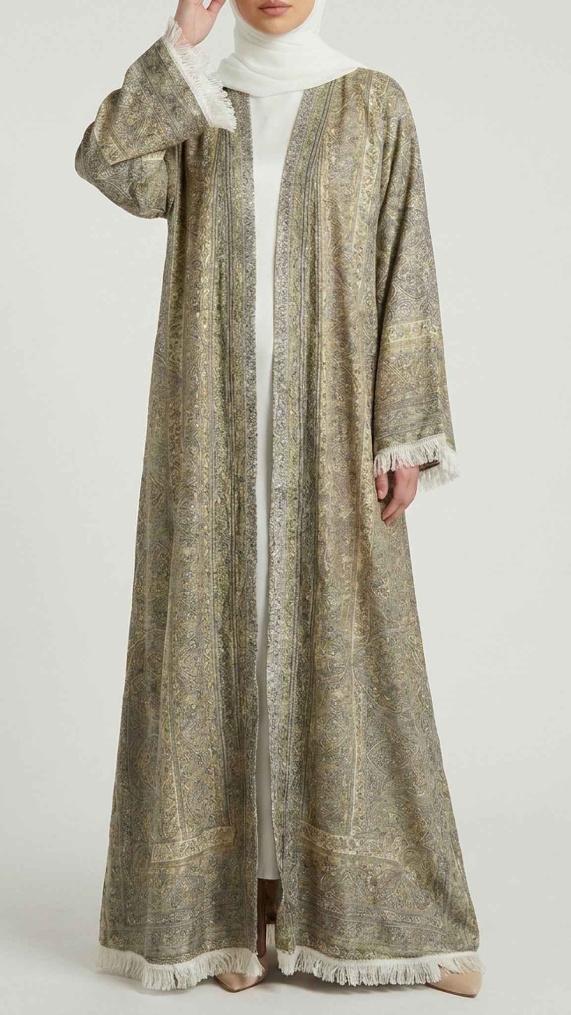 Antique Gold Pashmina Frayed Open Abaya