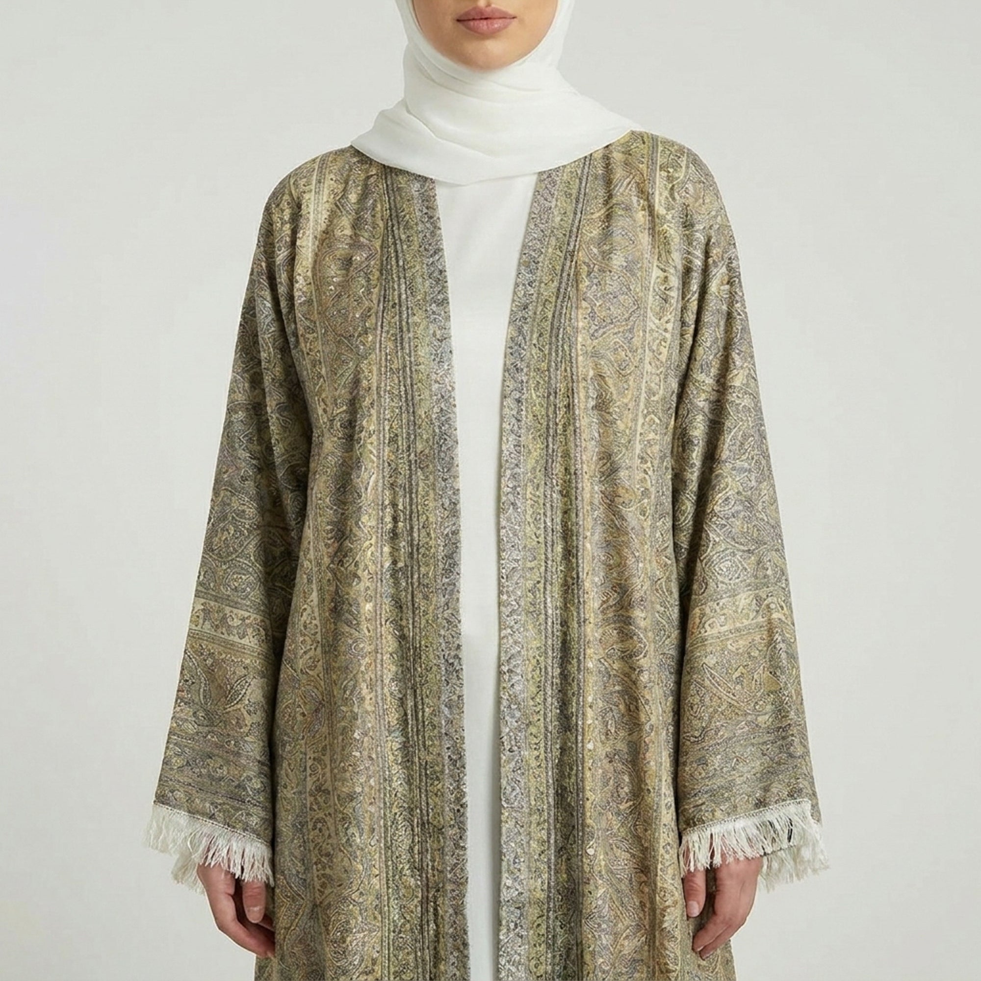 Antique Gold Pashmina Frayed Open Abaya