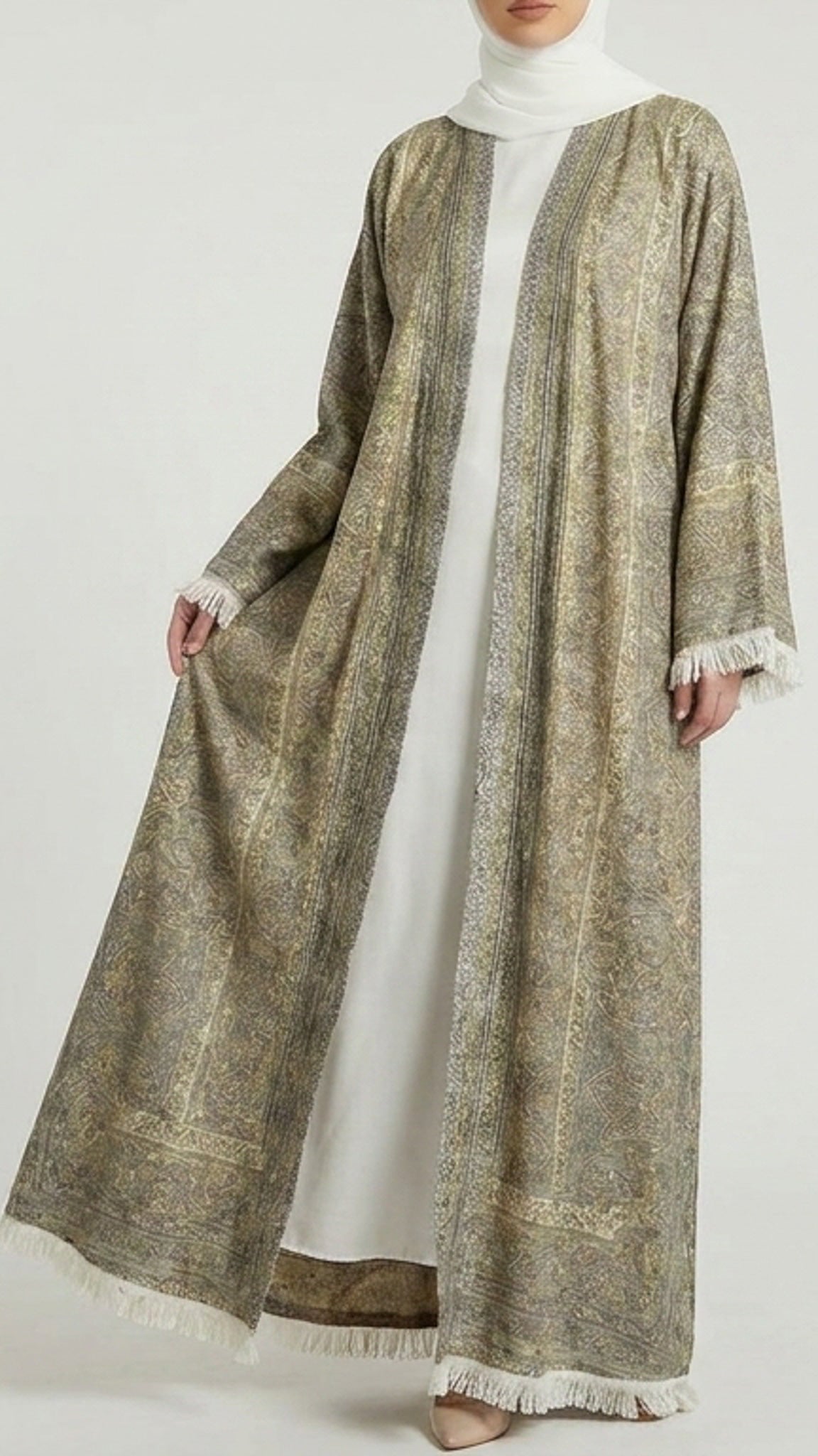 Antique Gold Pashmina Frayed Open Abaya