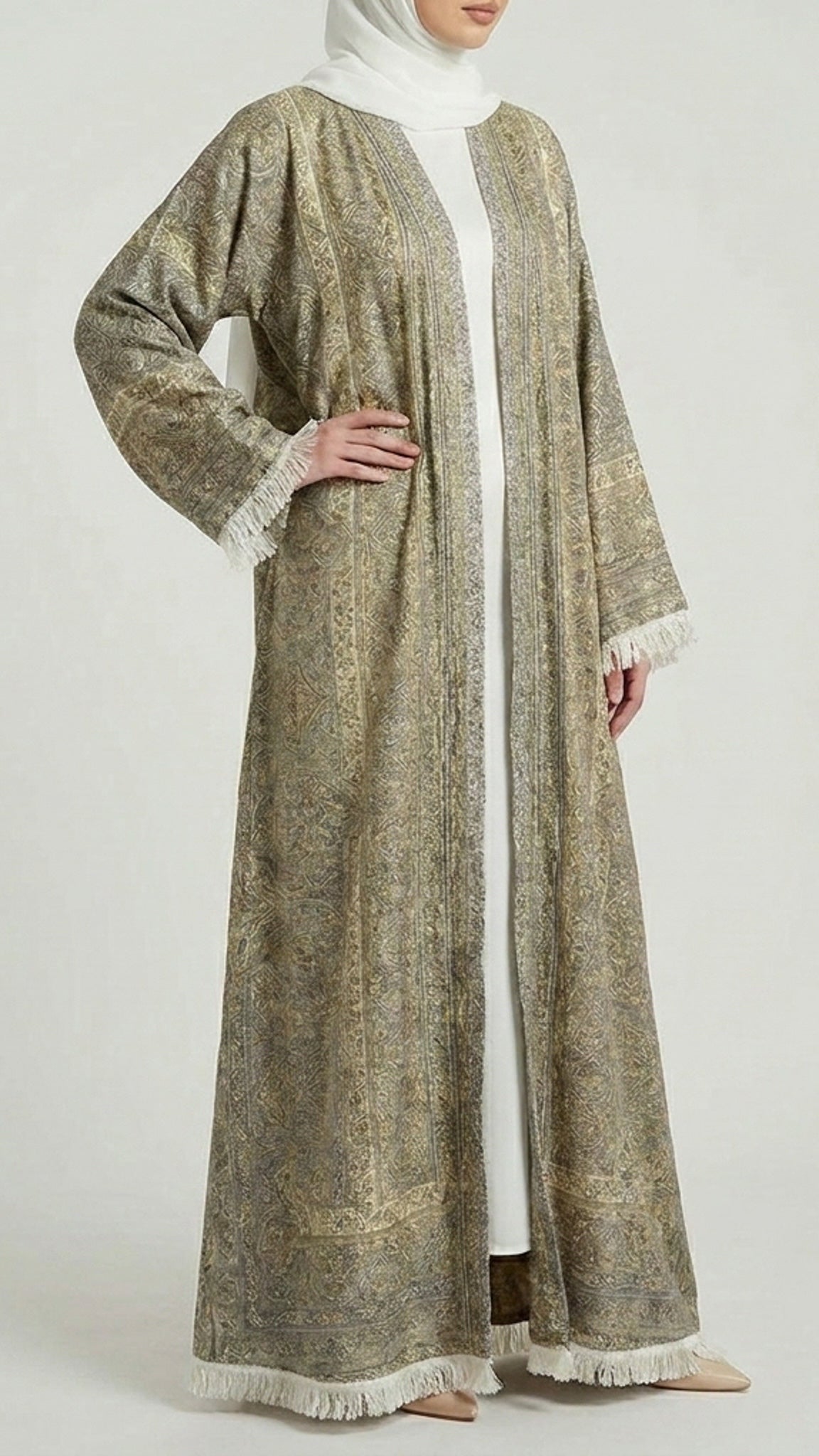 Antique Gold Pashmina Frayed Open Abaya
