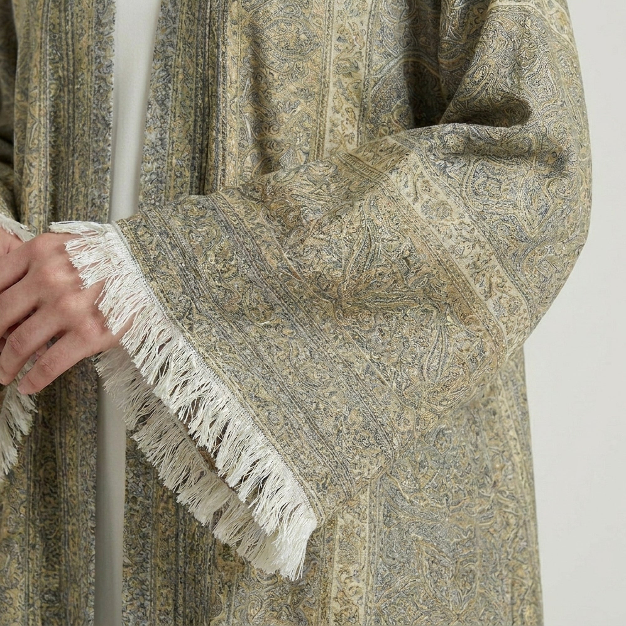 Antique Gold Pashmina Frayed Open Abaya