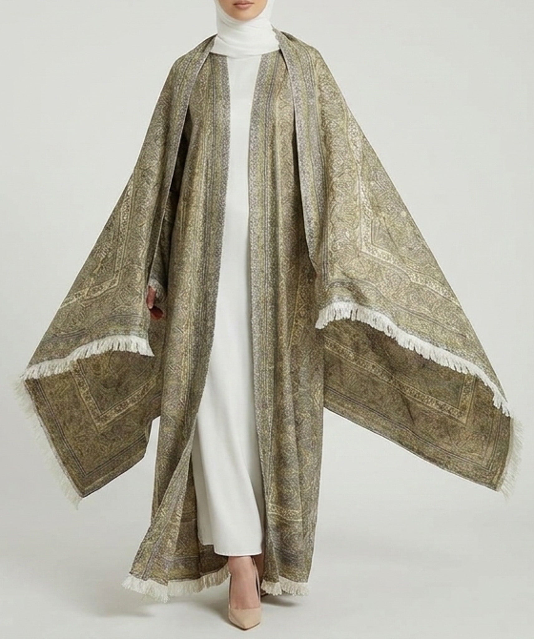 Antique Gold Pashmina Frayed Open Abaya