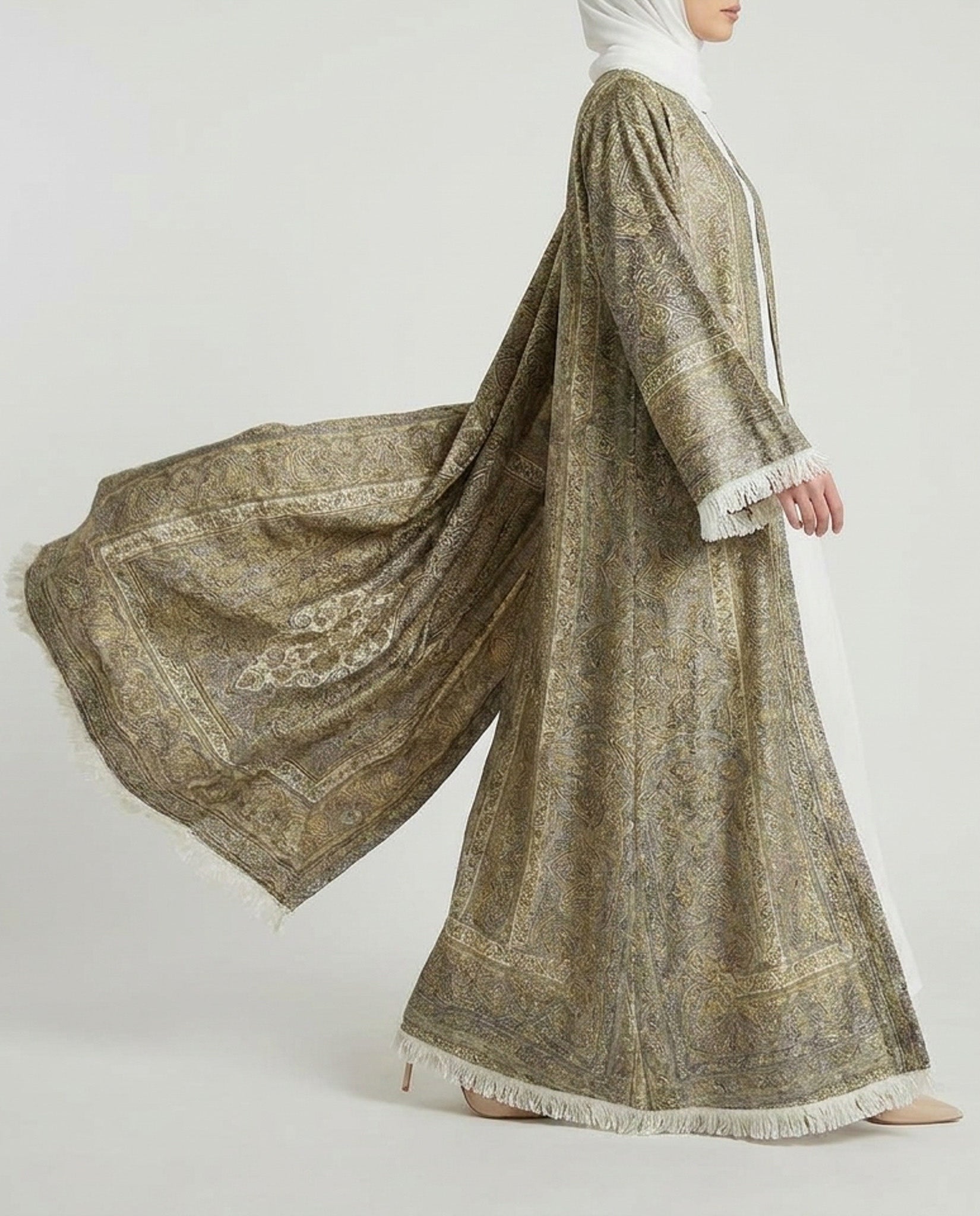 Antique Gold Pashmina Frayed Open Abaya