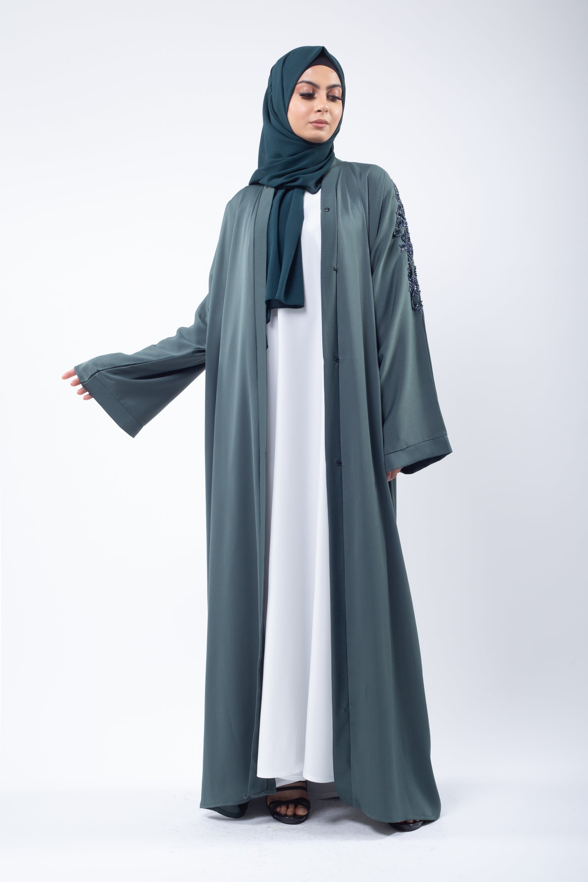 Premium Pine Green Hand Embellished Open Abaya