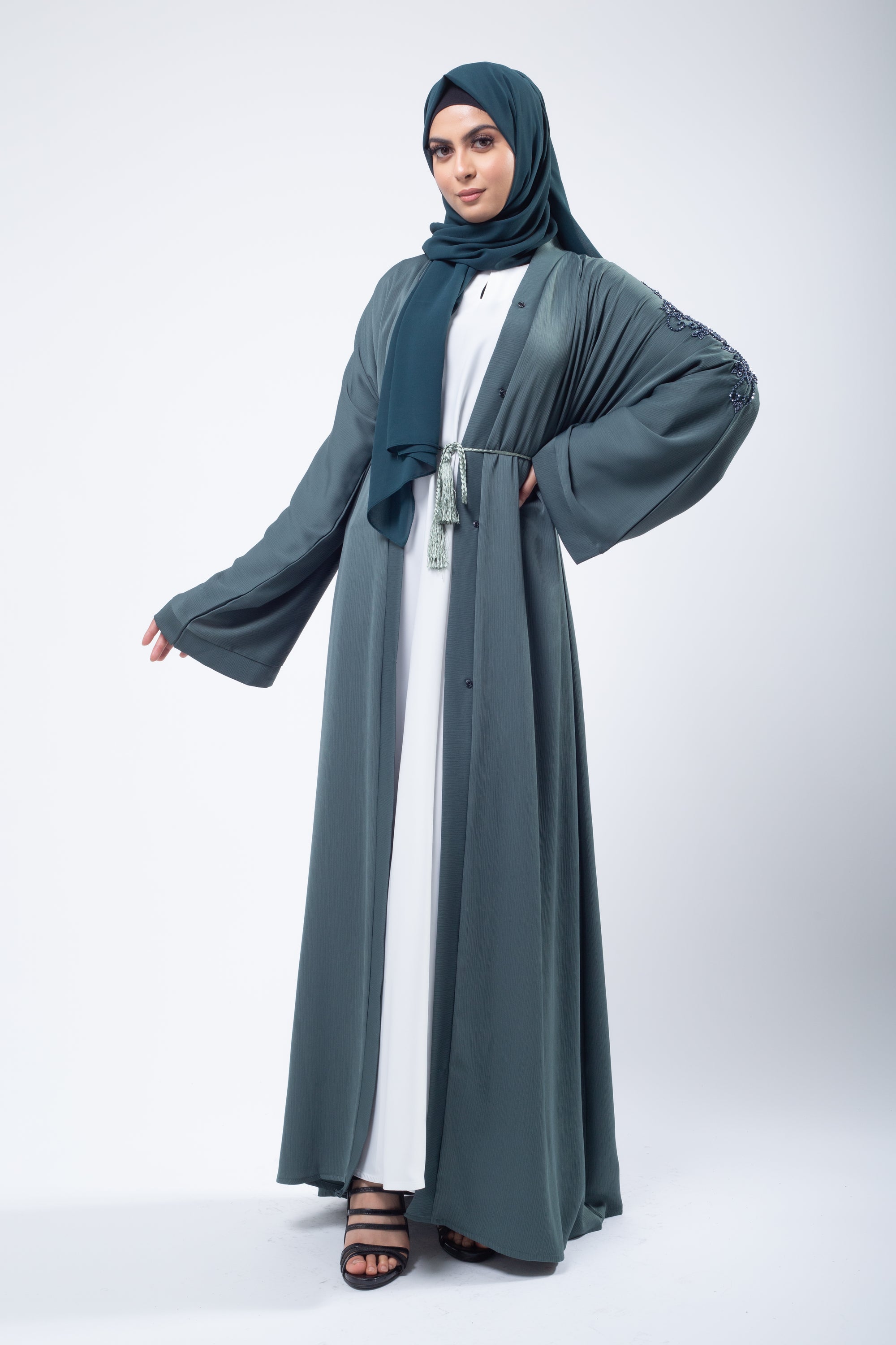 Premium Pine Green Hand Embellished Open Abaya