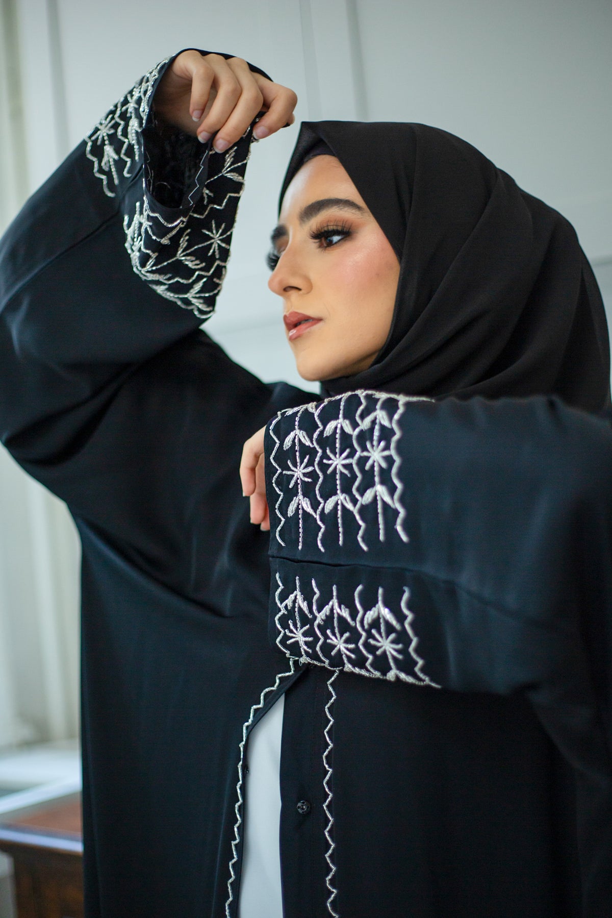 Black Open Abaya with Silver Embellishment