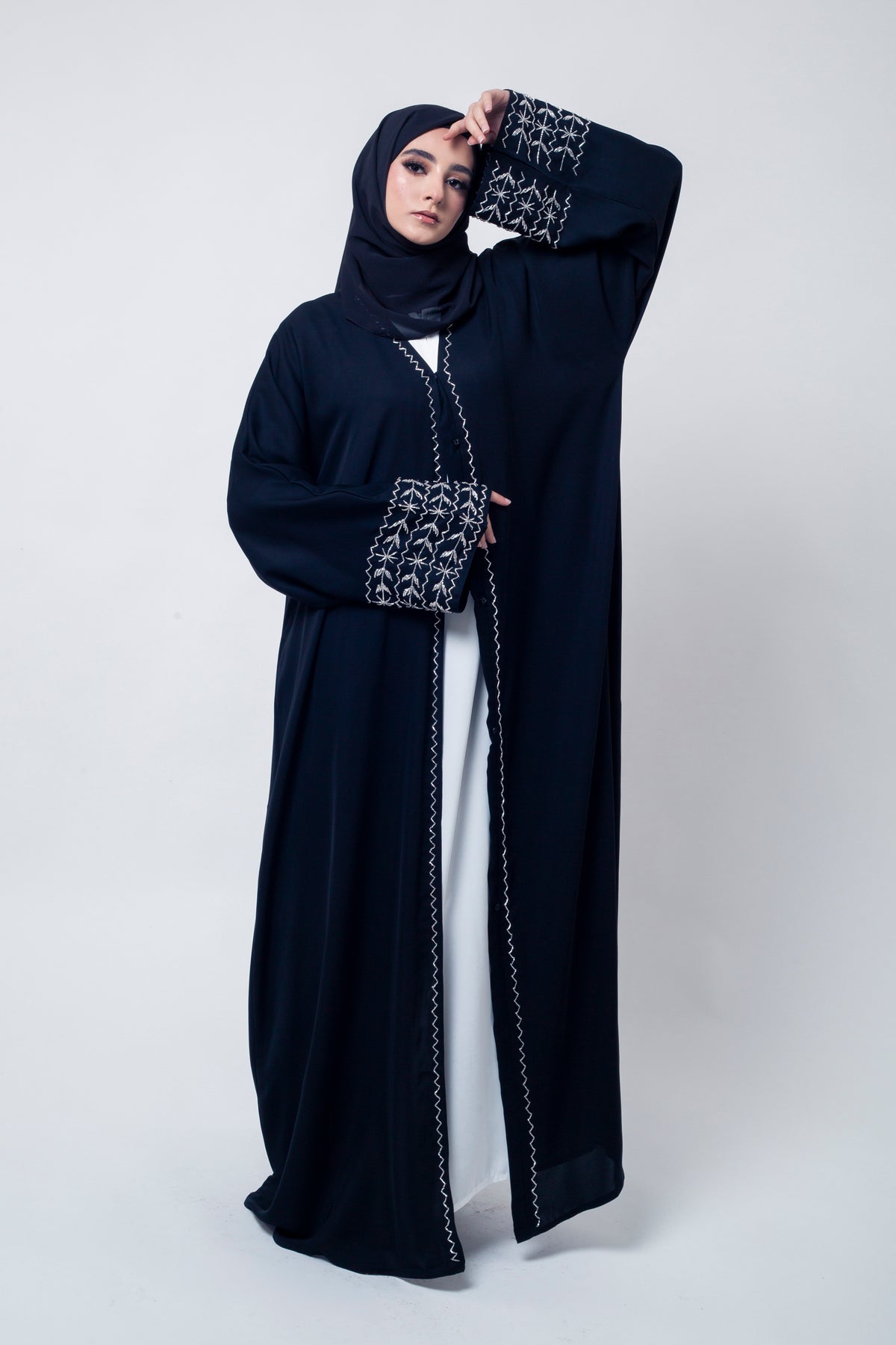 Black Open Abaya with Silver Embellishment