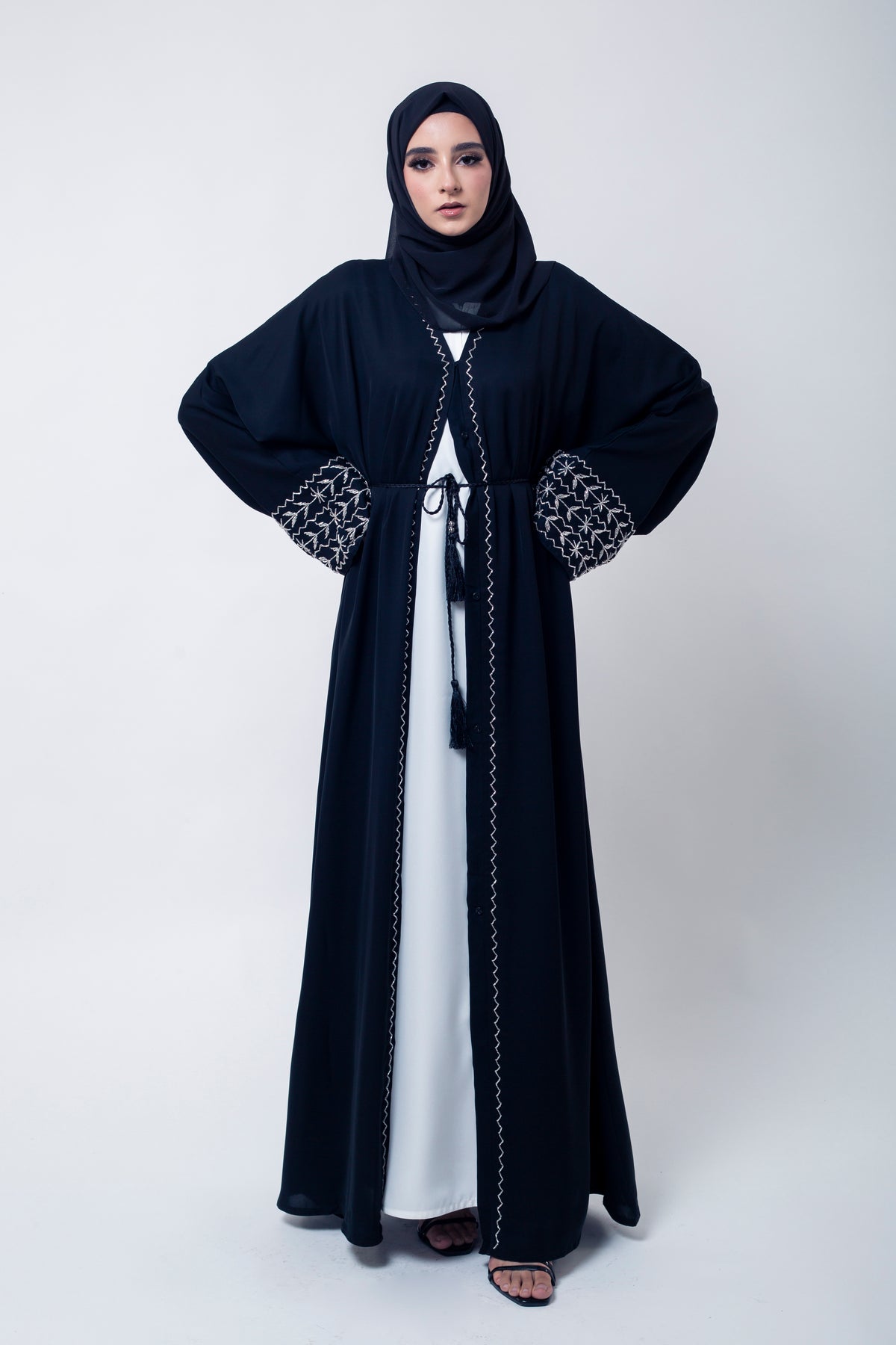 Black Open Abaya with Silver Embellishment