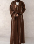 Brown Linen Look Frayed Sleeve Open Abaya