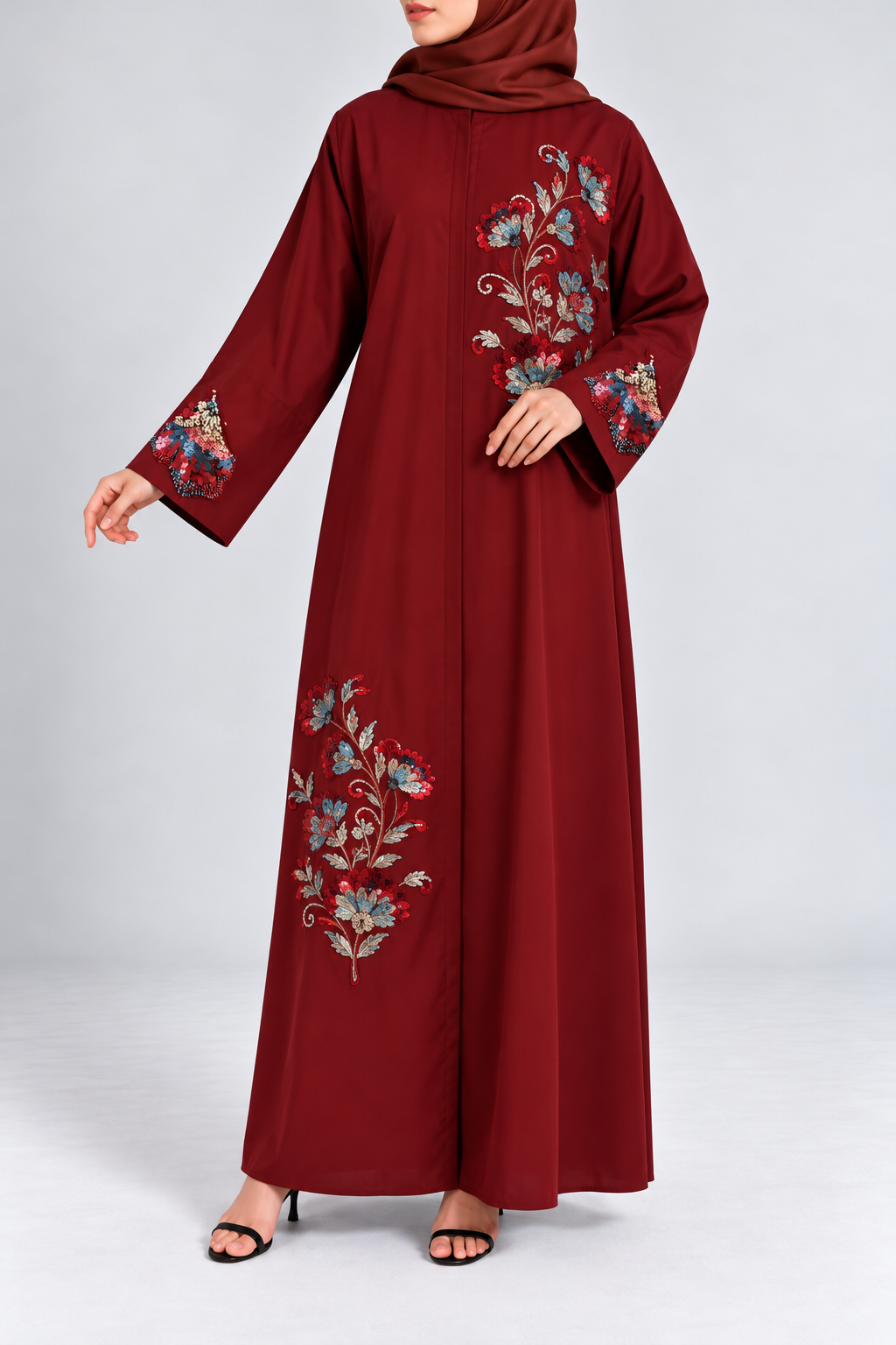 Burgundy Floral Embellished Abaya
