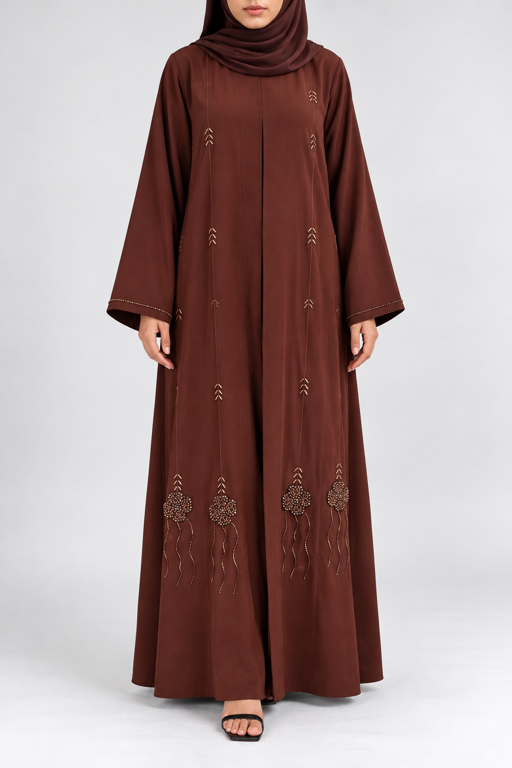 Zahra Embellished Open Abaya - Chestnut Brown