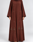 Zahra Embellished Open Abaya - Chestnut Brown