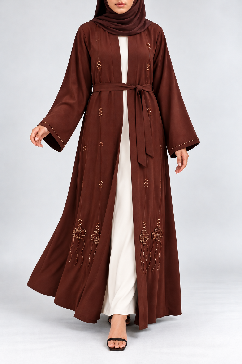 Zahra Embellished Open Abaya - Chestnut Brown